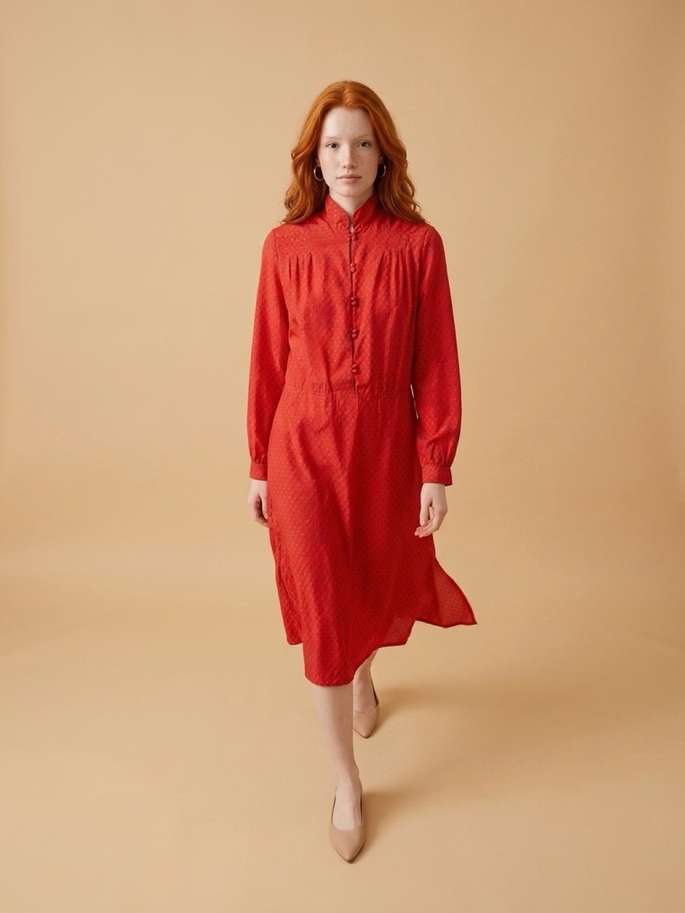 WOMEN’S VINTAGE CORAL RED DAL MARA COLLECTION DRESS RETRO MODEST
MANDARIN COLLAR